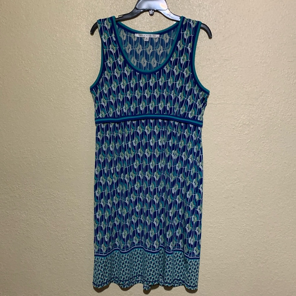 Max Studio Blue and Green Patterned Empire Waist Midi Dress